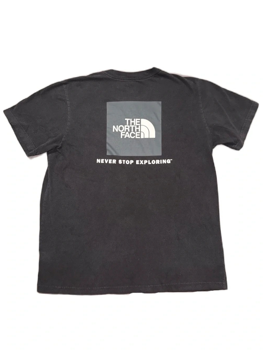 The North Face XL Black Tee White Logo Square Design Cotton Never Stop Exploring